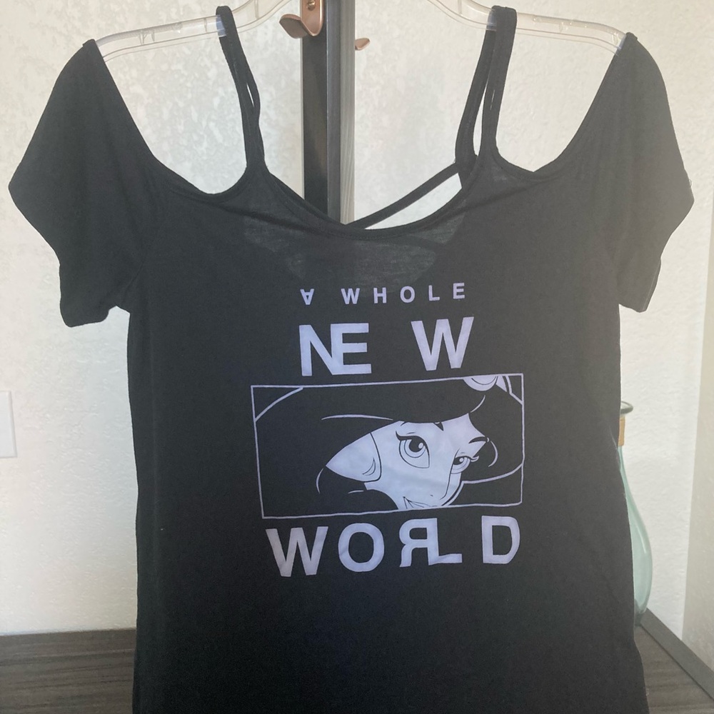 A Whole New World Aladdin Princess Jasmine Top Open Shoulder Disney Black Shirt